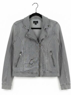 Lucky Brand Gray Denim Moto Jacket Size XL – Embroidered Rat Detail